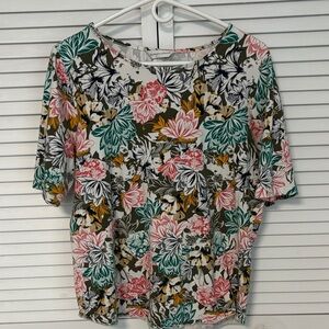 Christopher & Banks Floral Short Sleeve Top - Pink, Green, Yellow L